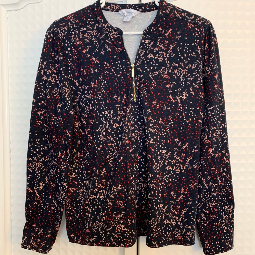 Liz Claiborne Navy Floral Print Zip-Up Blouse  size large